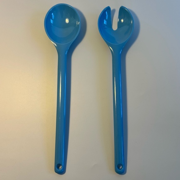 2pc Vintage Melamine Utensils Aqua Blue Salad Servers Serving Slotted Spoon Set - Picture 1 of 6